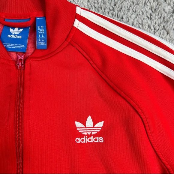 Adidas Jacket Mens Medium Red with 3 Stripes Pockets Varsity Classic Streetwear - Picture 3 of 4